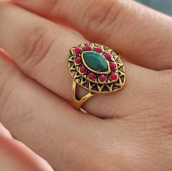 Victorian Yellow Gold Tone  Garnet and Turquoise Ring - Picture 1 of 1